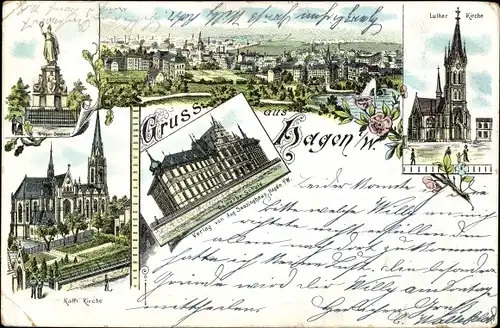 Litho Hagen in Westfalen, Lutherkirche, Kath. Kirche, Gewerbeschule, Denkmal