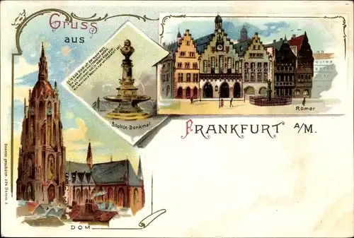 Litho Frankfurt am Main, Dom, Stoltze Denkmal, Römer