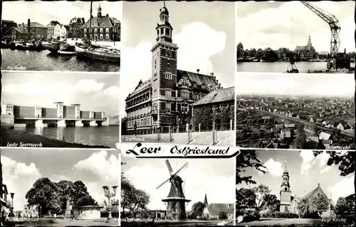 Ak Leer in Ostfriesland, Leda Sperrwerk, Windmühle, Hafen, Rathaus, Evgl. Kirche, Mühlenstraße