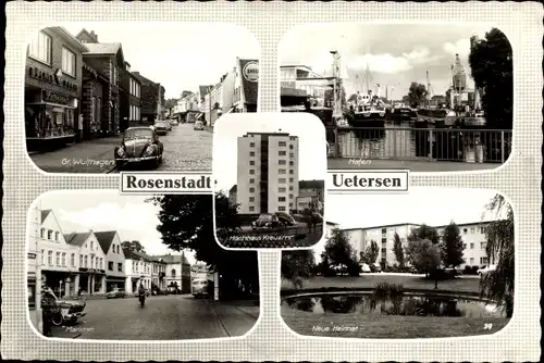 Ak Uetersen in Holstein, Hafen, Gr. Wulfhagen, Marktstraße, Neue Heimat, Hochhaus