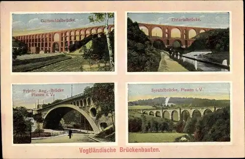 Ak Vogtländische Brückenbauten, Göltzschtalbrücke, Elstertalbrücke, Friedrich August Brücke, Syratal