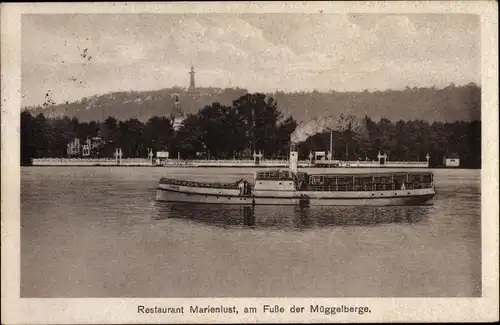 Ak Berlin Köpenick, Müggelberge, Bismarckwarte, Restaurant Marienlust, Dampfer