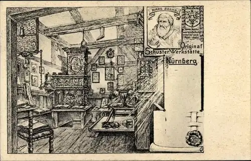 Künstler Ak Nürnberg in Mittelfranken Bayern, Schuster Werkstätte, Hans Sachs