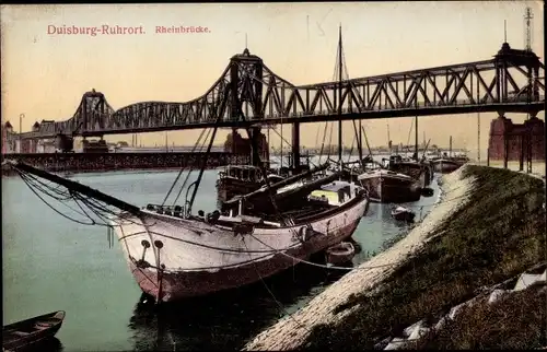 Ak Ruhrort Duisburg im Ruhrgebiet, Rheinbrücke, Schiffe