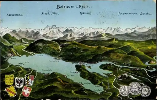 Ak Insel Mainau im Bodensee, Landkarte Bodensee und Rhein, Wappen, Jungfrau, Glärnisch, Bregenz