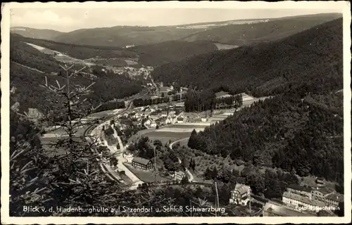 Ak Sitzendorf in Thüringen, Blick v. d. Hindenburghütte auf den Ort und Schloss Schwarzburg