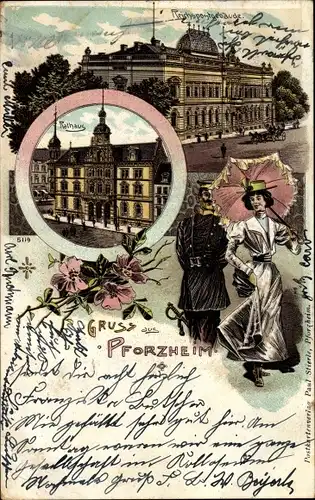 Litho Pforzheim im Schwarzwald, Reichspostgebäude, Rathaus, Dame mit Schirm