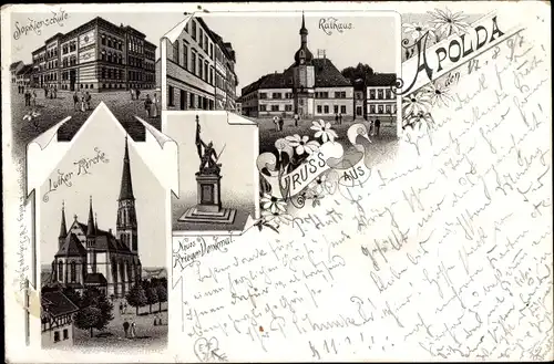 Litho Apolda in Thüringen, Lutherkirche, Sophienschule, Rathaus, Neues Kriegerdenkmal