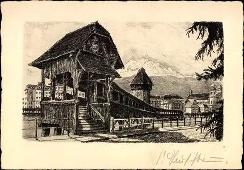 Künstler Ak Lucerne Luzern Stadt Schweiz, Kapellbrücke und Pilatus