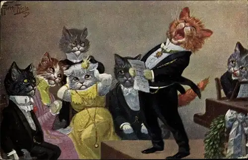 Künstler Ak Thiele, Arthur, Vermenschlichte Katzen, Sänger, Frau hält sich die Ohren zu