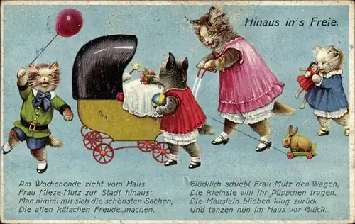 Ak Hinaus ins Freie, Frau Mieze-Mutz, vermenschlichte Katzen, Kinderwagen, Spielzeug