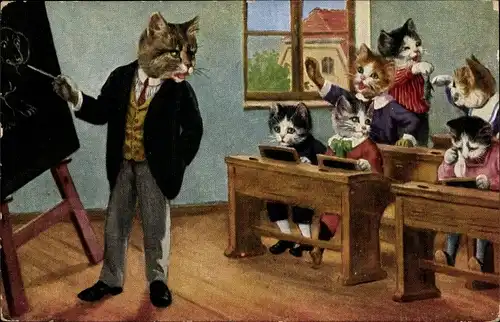 Künstler Ak Katzenschule, vermenschlichte Katzen in der Schule, Lehrer