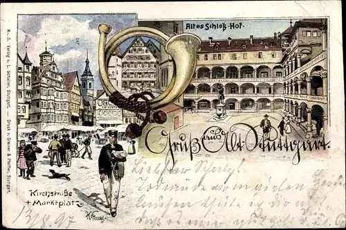 Künstler Litho Fuchs, Karl, Stuttgart in Baden Württemberg, Kirchstraße, Marktplatz, Altes Schloss