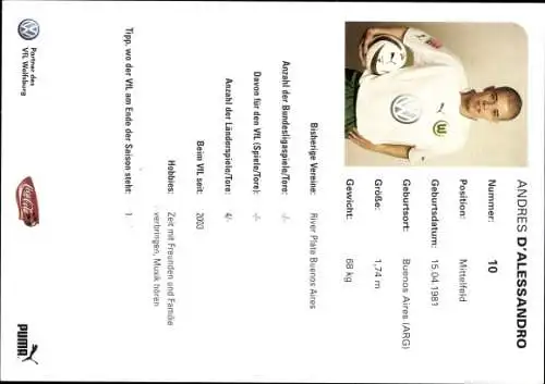 Sammelbild Fußballspieler Andres d'Alessandro, VfL Wolfsburg