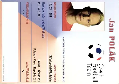 Sammelbild Fußballspieler Jan Polak, Tschechische Nationalmannschaft