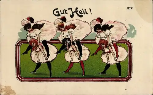 Litho Gut Heil, Mädchen, Schultersprung, Röcke, Bruno Bürger 1879