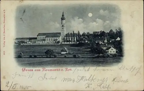 Mondschein Ak Neumarkt Sankt Veit an der Rott Oberbayern, Blick auf den Ort, Kirche