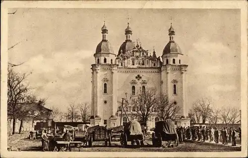 Ak Kiew Ukraine, Deutscher Fuhrpark vor der russ. Garnisonkirche