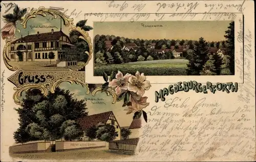 Litho Magdeburgerforth Möckern im Jerichower Land, Hof zu den drei Linden, Hotel, Panorama