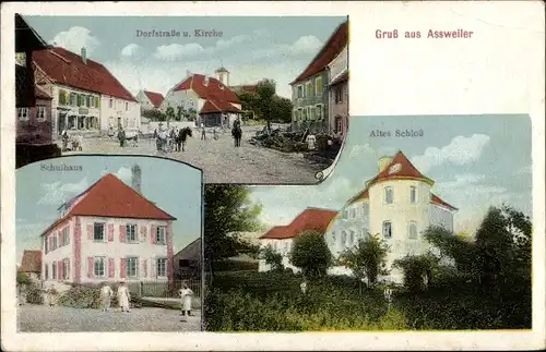 Ak Assweiler Aßweiler Blieskastel im Saarland, Altes Schloss, Schulhaus, Dorfstraße, Kirche