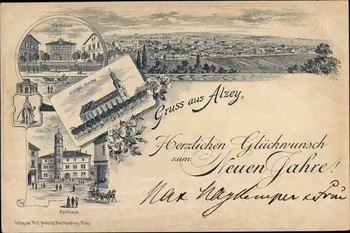 Litho Alzey in Rheinhessen, Glückwunsch Neujahr, Seminar, evangelische Kirche, Rathaus