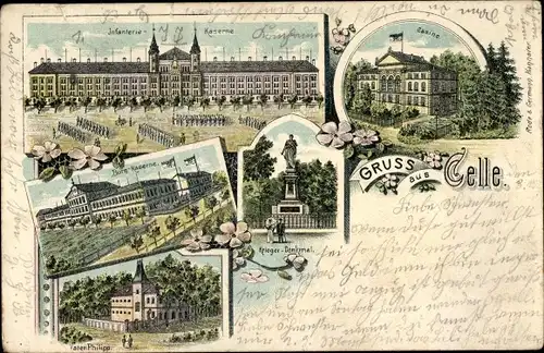 Litho Celle in Niedersachsen, Infanterie Kaserne, Casino, Kriegerdenkmal, Vater Philipp