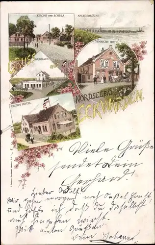 Litho Eckwarden Butjadingen Wesermarsch, Kirche, Schule, Hinrichs Hotel, Kurhaus