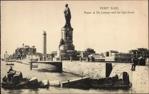 Ak Port Said Ägypten, Statue de Ferdinand de Lesseps, Phare