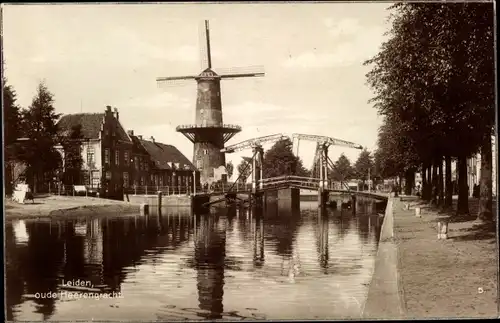 Ak Leiden Südholland Niederlande, Oude Heerengracht, Windmühle