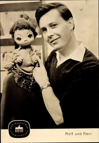 Ak Schauspieler Wolfgang Hübner, Rolf und Reni, Handpuppe, DDR Deutscher Fernsehfunk