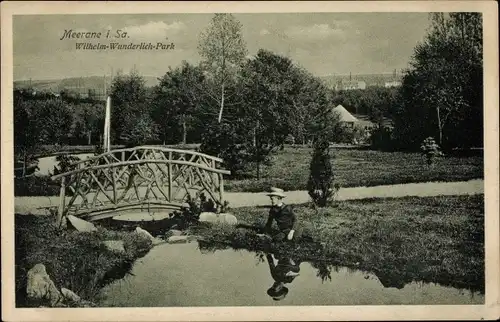 Ak Meerane in Sachsen, Wilhelm-Wunderlich-Park, Teich, Brücke, Junge im Gras