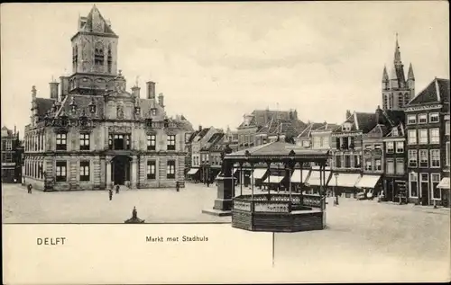 Ak Delft Südholland Niederlande, Markt met Stadhuis