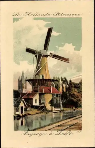 Ak Delft Südholland Niederlande, Windmühle, Uferpartie, Kirchturm