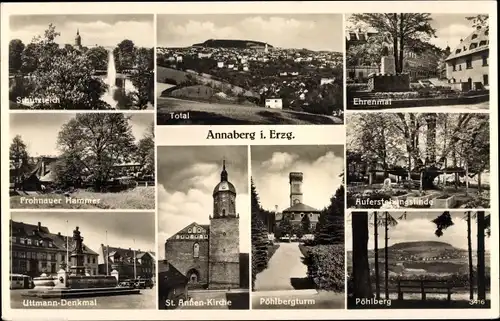 Ak Annaberg Buchholz im Erzgebirge, St. Annenkirche, Ehrenmal, Frohnauer Hammer, Pöhlbergturm, Total