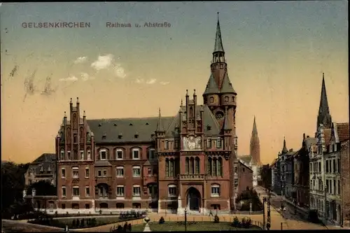 Ak Gelsenkirchen im Ruhrgebiet, Rathaus mit Ahstraße