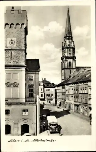 Ak Löbau in der Oberlausitz Sachsen, Nikolaistraße, Kirche, Lastwagen, Rathaus