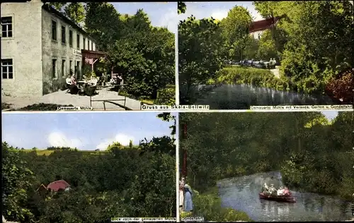 Ak Bellwitz Löbau in Sachsen, Gasthaus Skala, Gondelfahrt, gemauerte Mühle