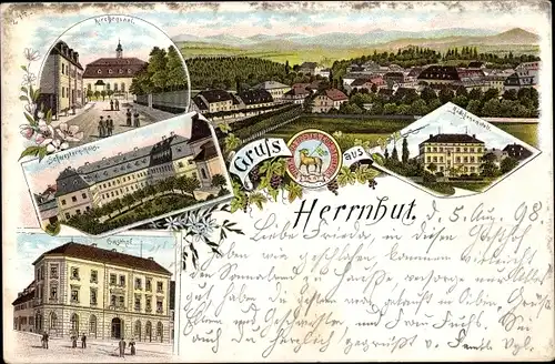 Litho Herrnhut in der Oberlausitz, Kirchensaal, Schwesternhaus, Mädchenanstalt, Gasthof