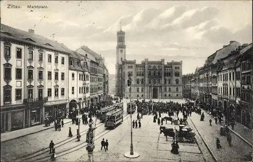 Ak Zittau in der Oberlausitz, Marktplatz, Straßenbahn, Pferdekutsche