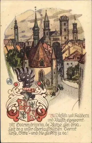Künstler Wappen Ak Zittau in Sachsen, Ortsansicht, Lied, Wappen mit Löwen und Adler