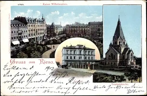 Ak Riesa an der Elbe Sachsen, Trinitatiskirche, Kaiser Wilhelm Platz, Bahnhof