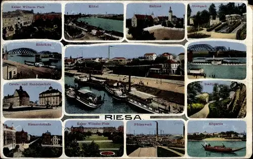 Ak Riesa an der Elbe Sachsen, Elbkai, Rathaus, Stadthaus, Stadtpark, Bismarckstraße, Hüttenwerk