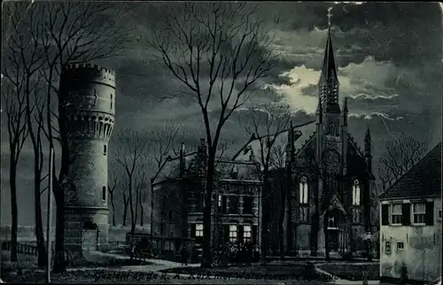 Mondschein Ak Hellevoetsluis Südholland, R.K. Kerk met Watertoren