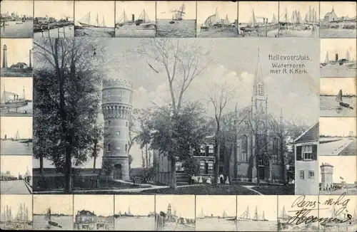 Ak Hellevoetsluis Südholland, R. K. Kerk met watertoren, Boote