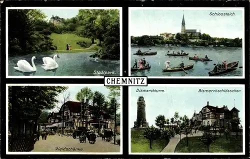Ak Chemnitz Sachsen, Stadtpark, Schwäne, Schlossteich, Waldschänke, Bismarckschlösschen und Turm