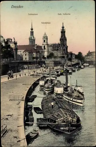 Ak Dresden Altstadt, Schlossturm, Kath. Hofkirche, Ständehaus, Dampfer