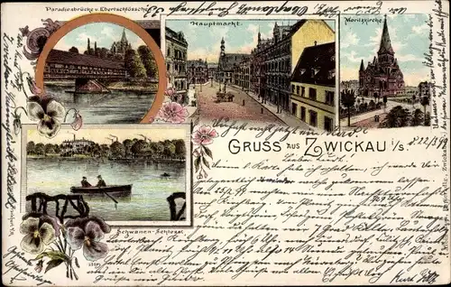 Litho Zwickau Sachsen, Paradiesbrücke, Ebertschlösschen, Hauptmarkt, Moritzkirche, Schwanenschloss