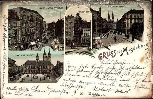 Litho Magdeburg, Neue Jacobstraße, Kaiser Otto Denkmal, Wilhelmstraße, Alter Markt