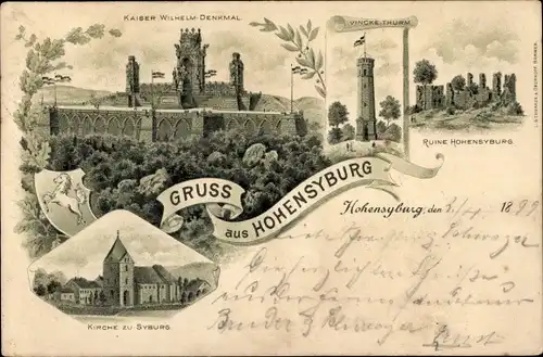 Litho Hohensyburg Syburg Dortmund, Kaiser Wilhelm Denkmal, Vincke Turm, Ruine, Kirche