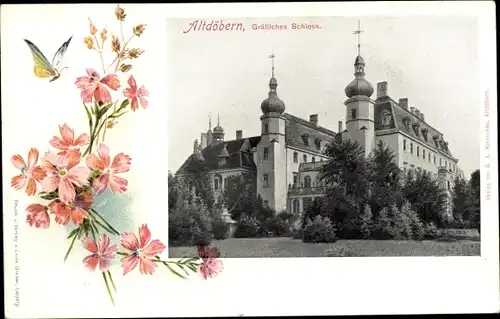 Ak Altdöbern Spreewald, Gräfliches Schloss, Blumenstrauß, Schmetterling